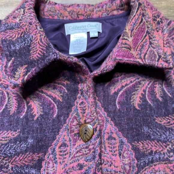 Coldwater Creek Wool Beaded Jacket Womens Large Purple Floral India Wood Buttons - Picture 3 of 9